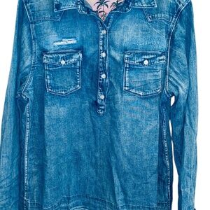 SCOTCH & SODA Ams Blauw Shirt distressed Cotton Denim Style Half-Button sz L